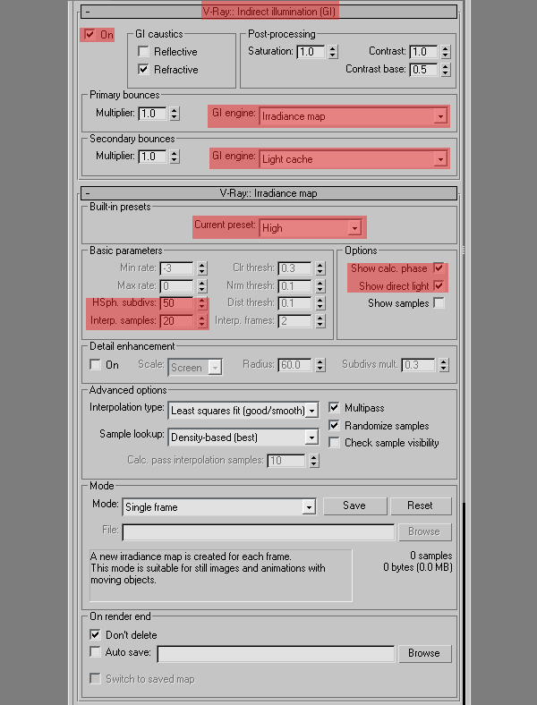 saying 0 samples under irradiance map vray settings